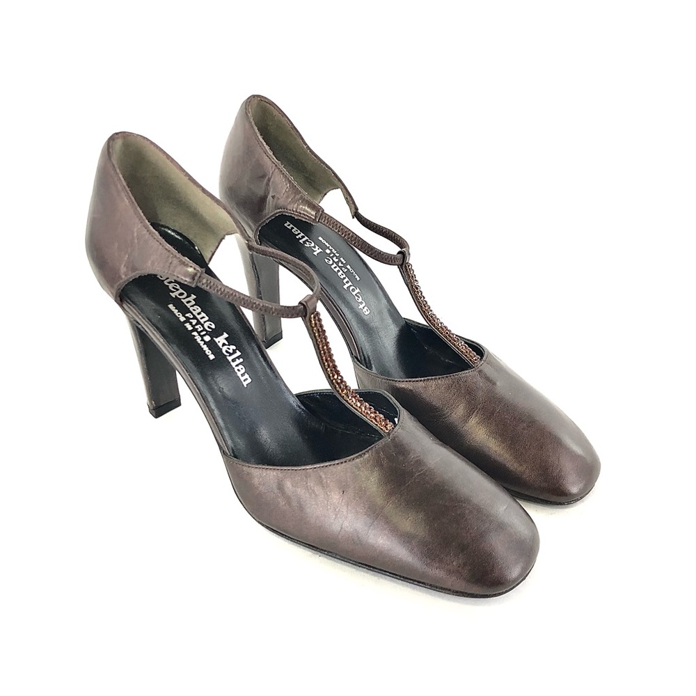 Stephane Kelian Bronze Leather Beaded T-Strap Heels - Picture 3 of 13